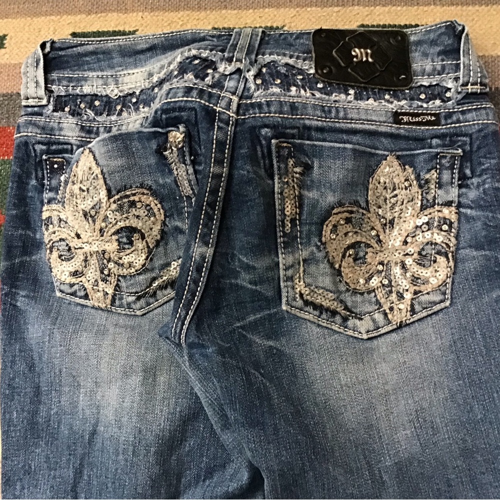 Miss Me Blue Distressed Denim Jean Shorts with Sequin Fleur-de-Lis